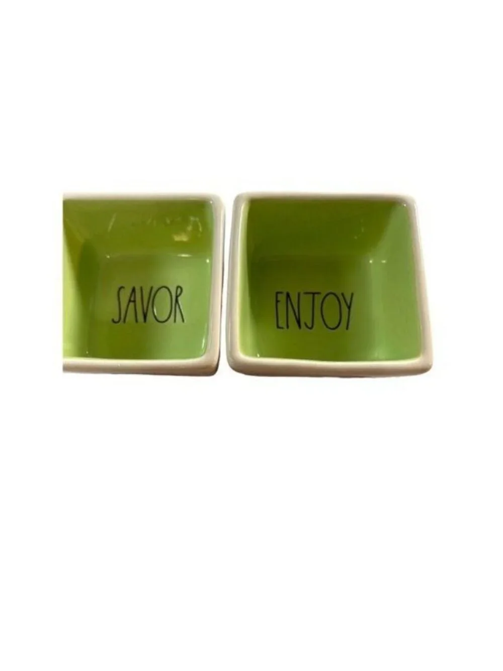 Rae Dunn Bowl Set Artisan Collection Savor Enjoy Square Set of 2 Green/Cream New